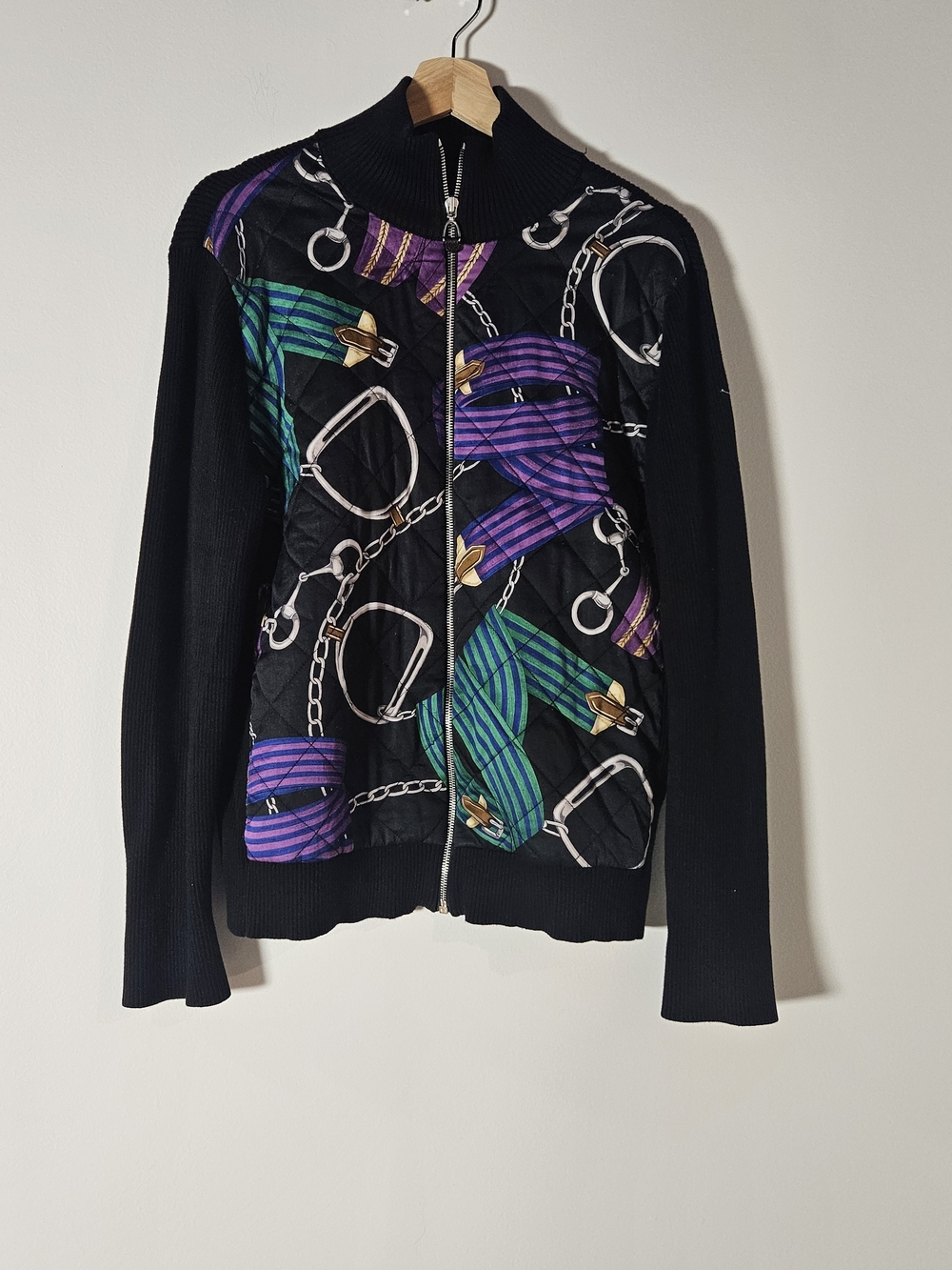 Vintage Ralph Lauren Quilted Equestrian Scarf Print Zip Sweater Jacket
